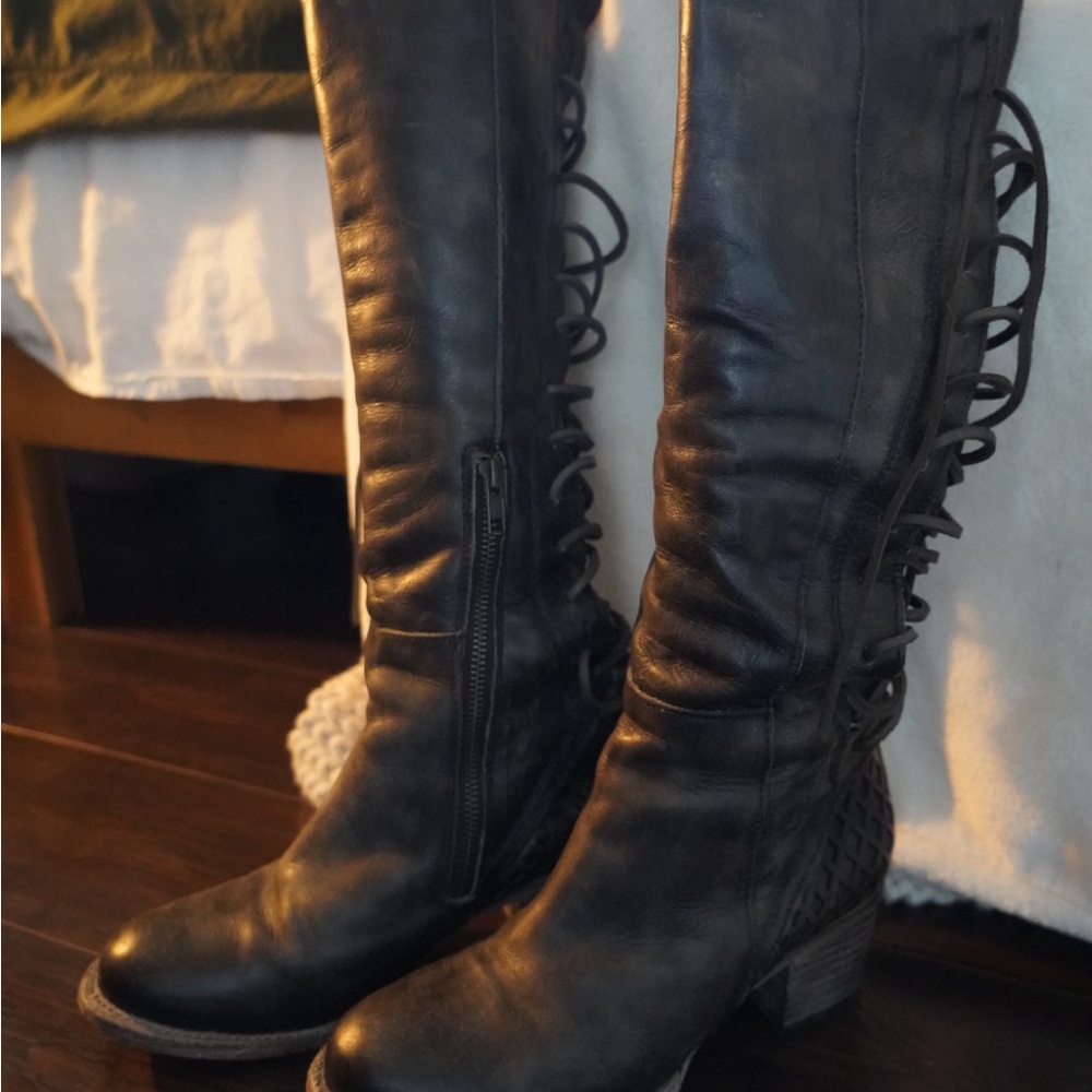 Grey/Black Leather Knee-High Boots